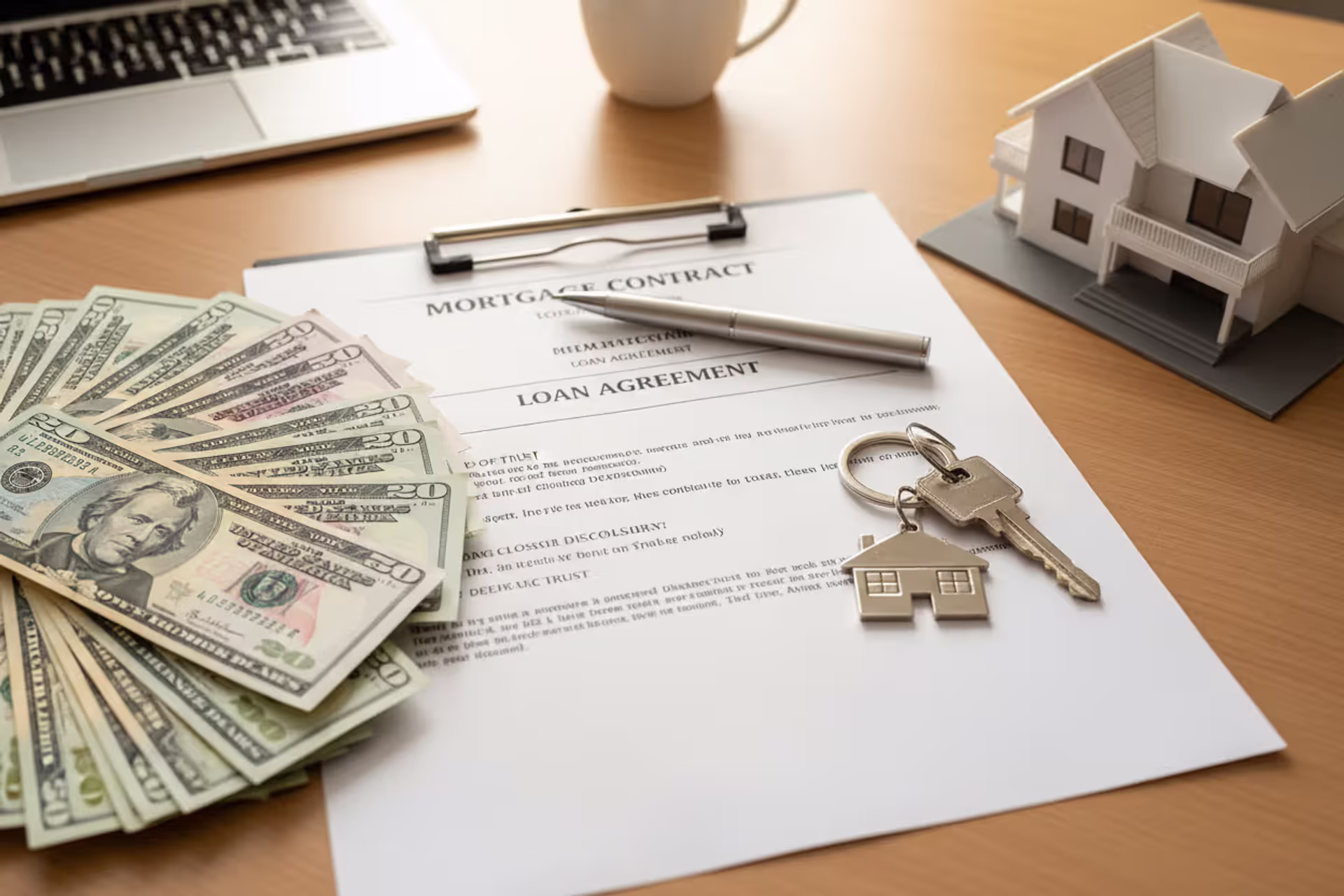 Top view of a desk with mortgage documents, stack of US dollar bills, house keys, and a small white house model representing a home buying financial decision