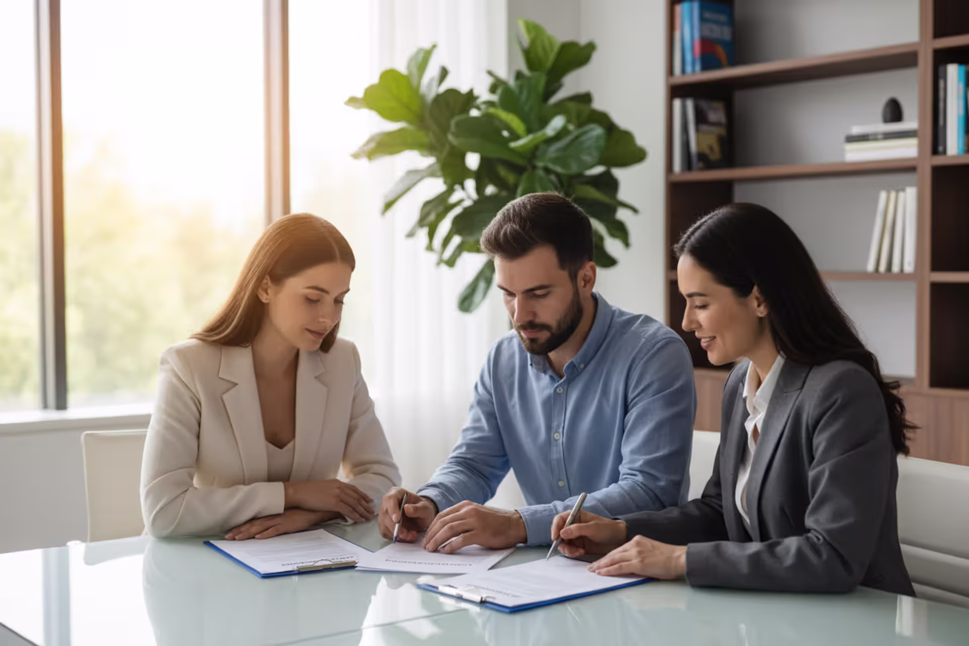 Young couple reviewing home closing documents with a real estate professional at a bright office desk