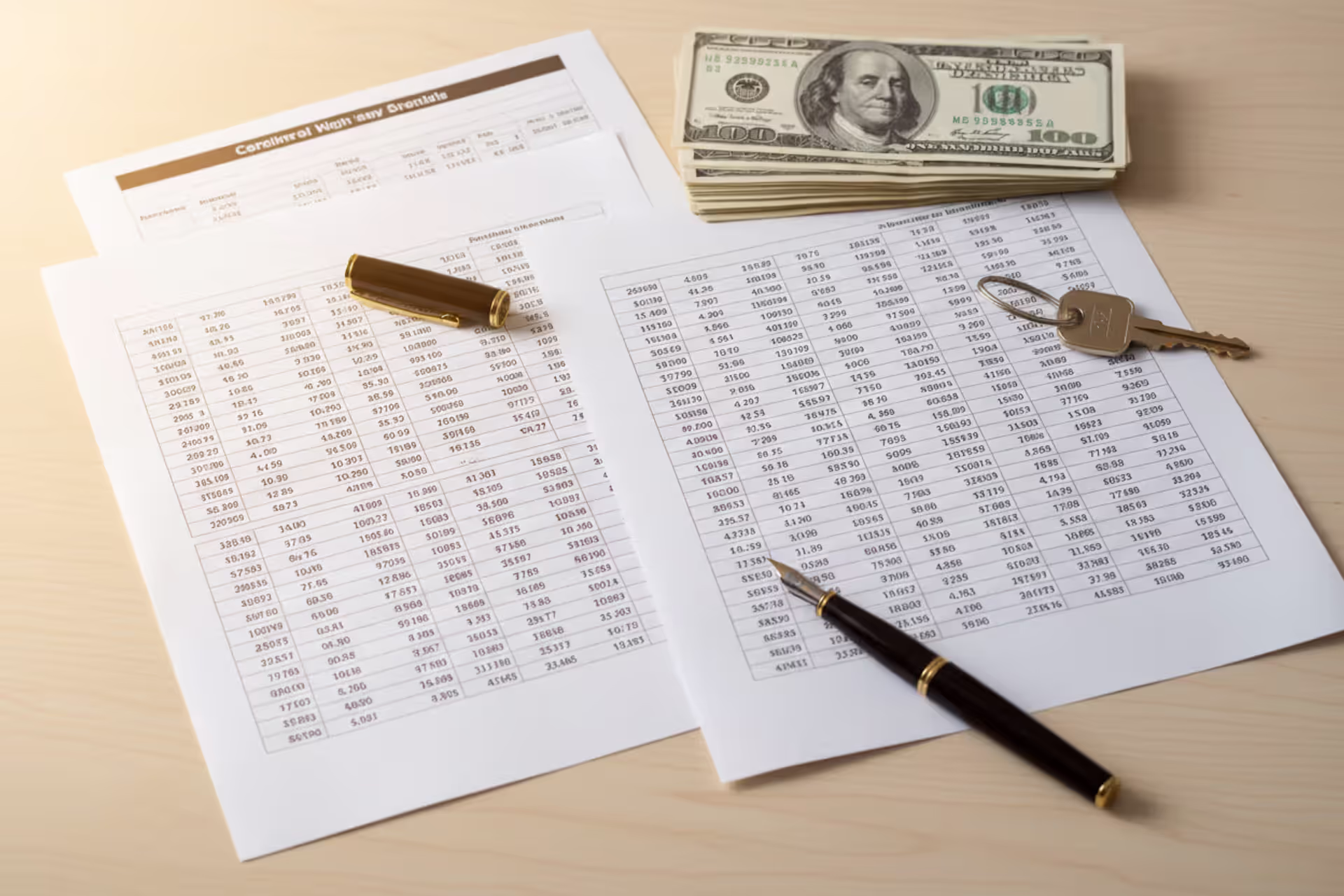 Top view of a wooden desk with mortgage documents, house keys, a pen, and dollar bills arranged neatly