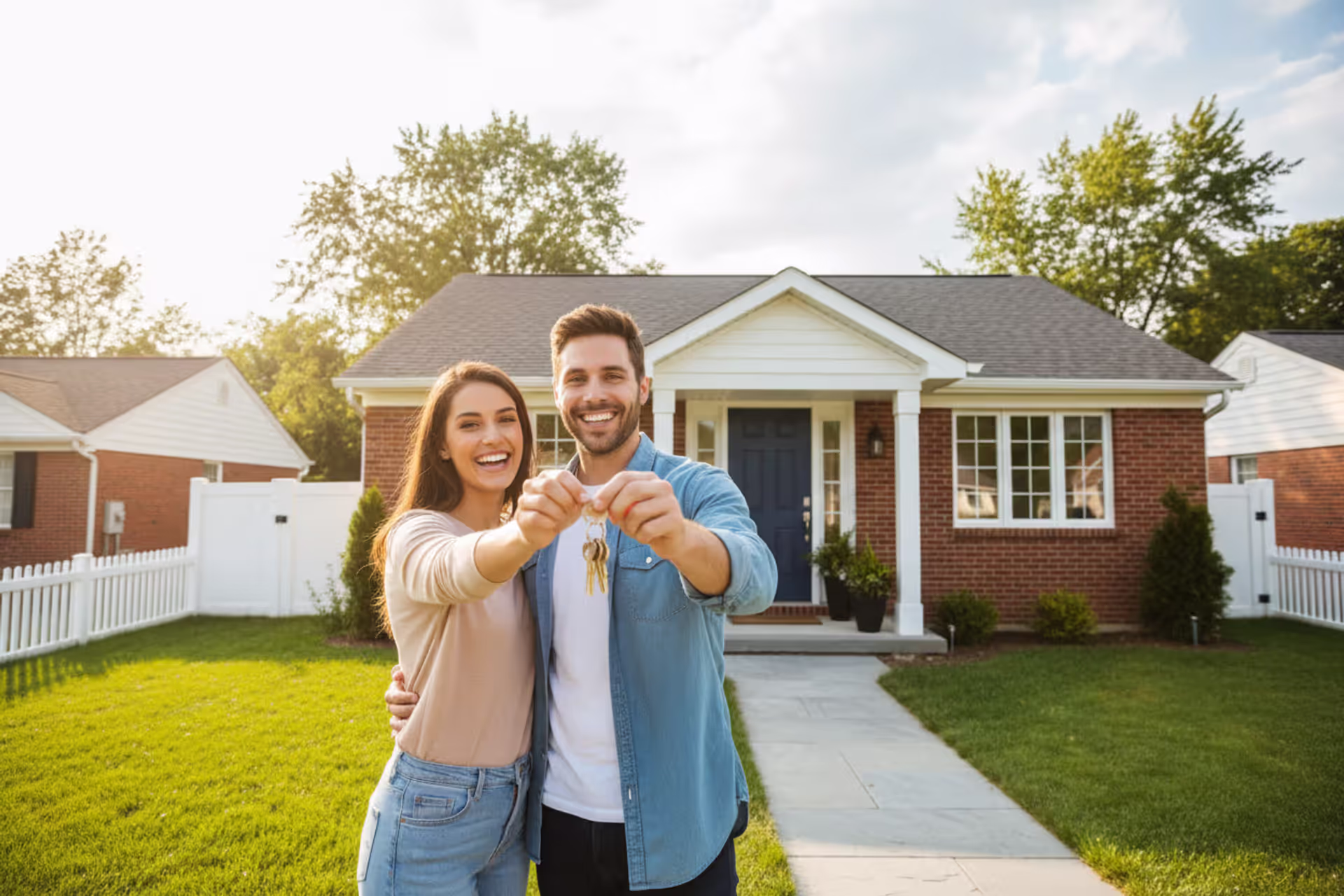 Young couple holding house keys in front of their new suburban home with a green lawn on a sunny day