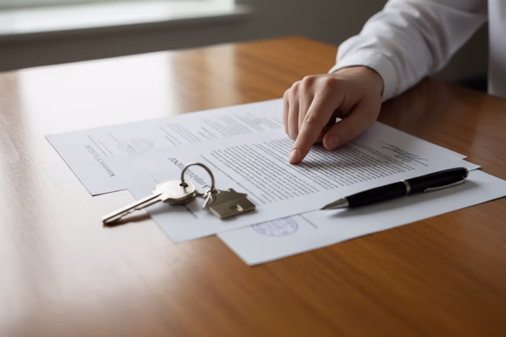 Mortgage closing table with loan documents, pen, and house keys on a wooden desk