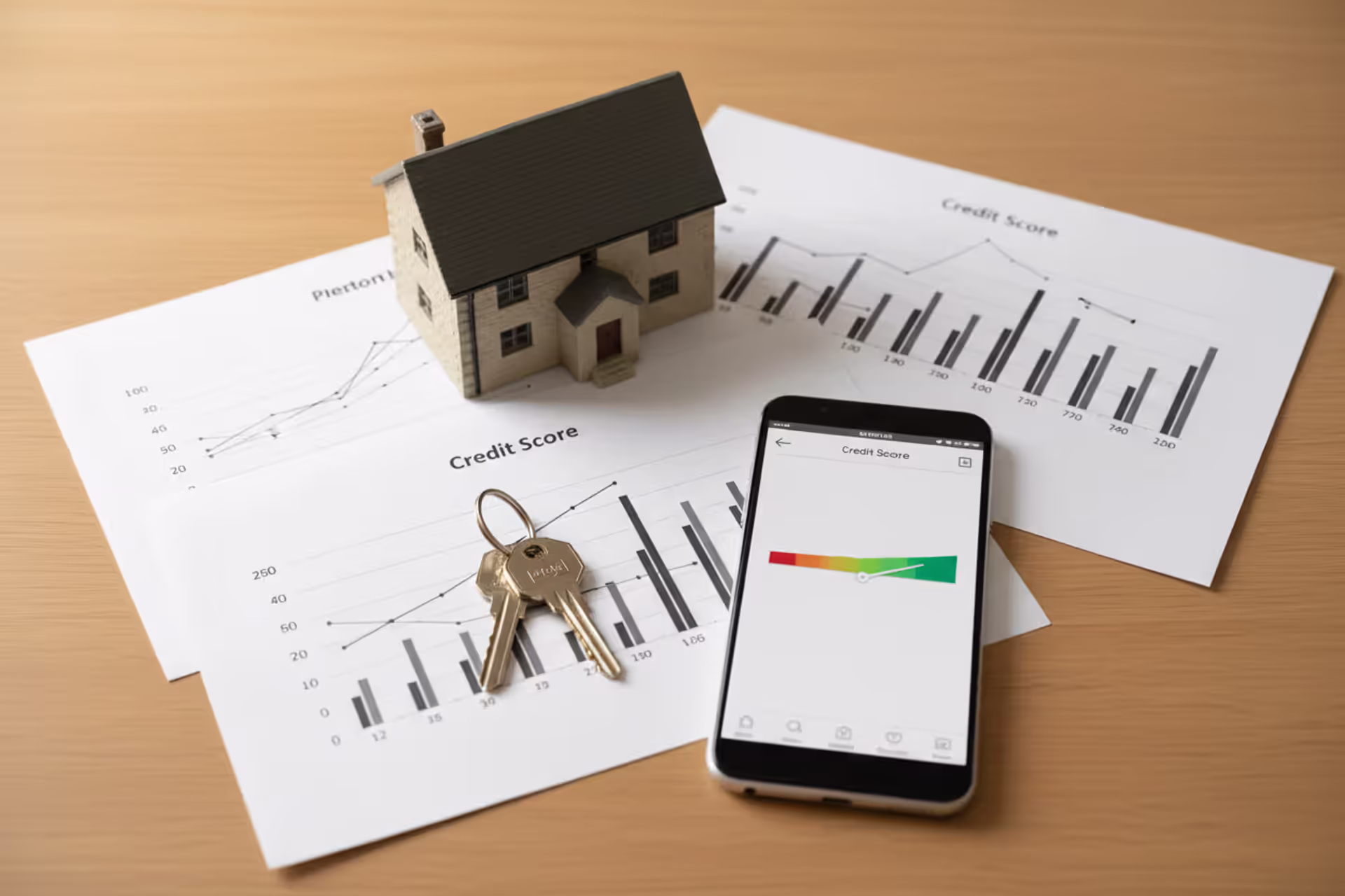 Overhead view of a desk with house keys, a smartphone showing a credit score gauge, a small house model, and printed financial documents