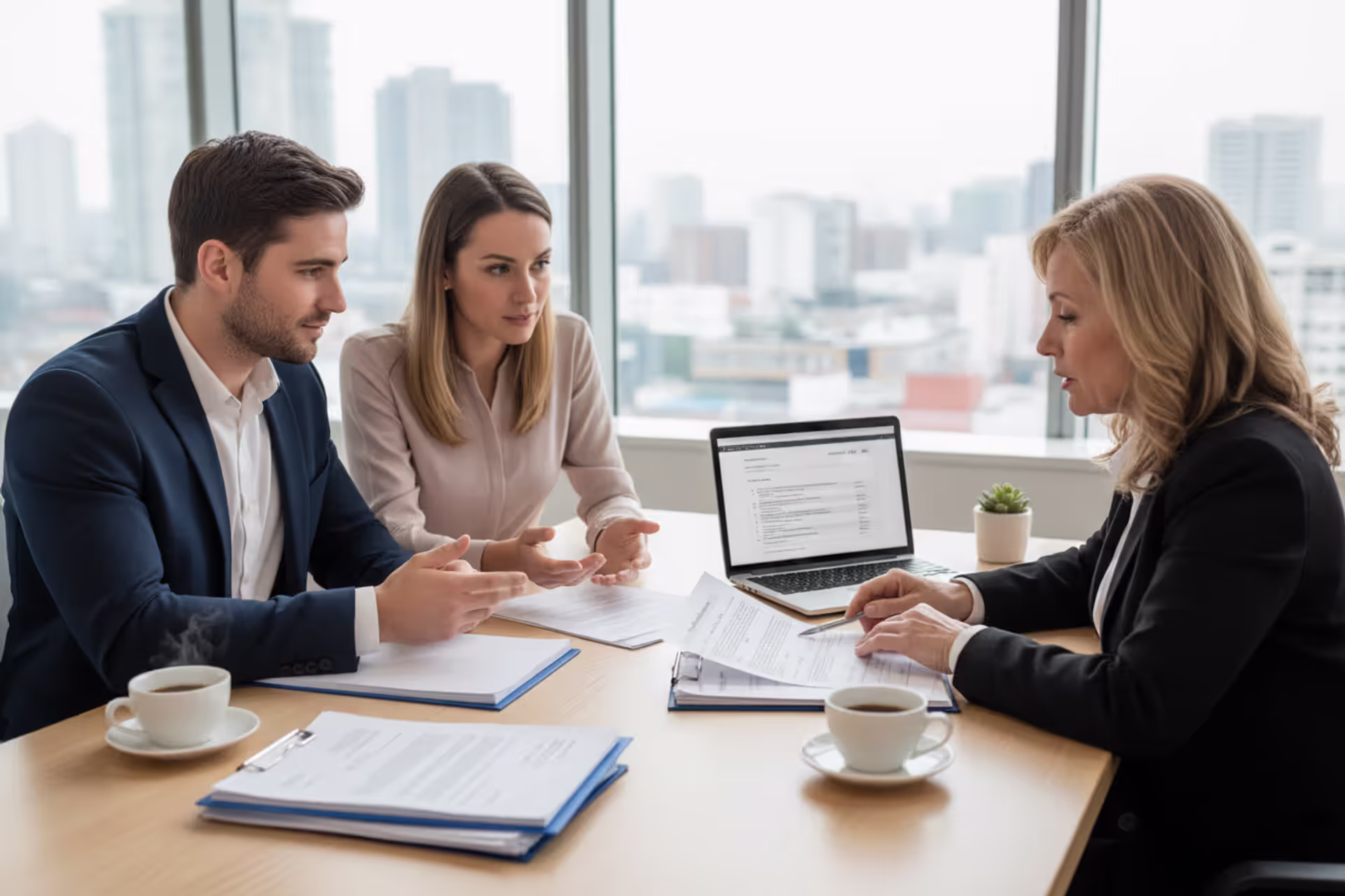 Couple meeting with mortgage advisor to discuss a conventional home loan