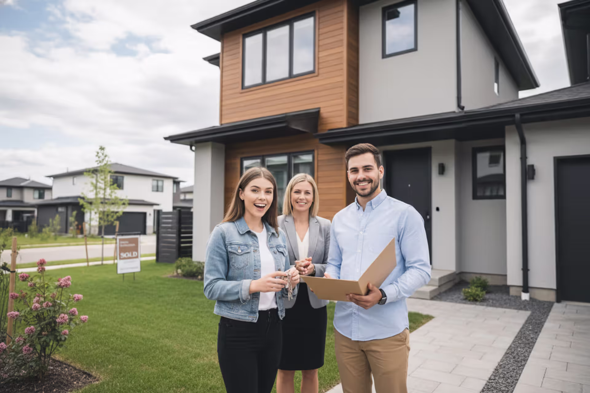 First-time home buyer with agent standing in front of a house