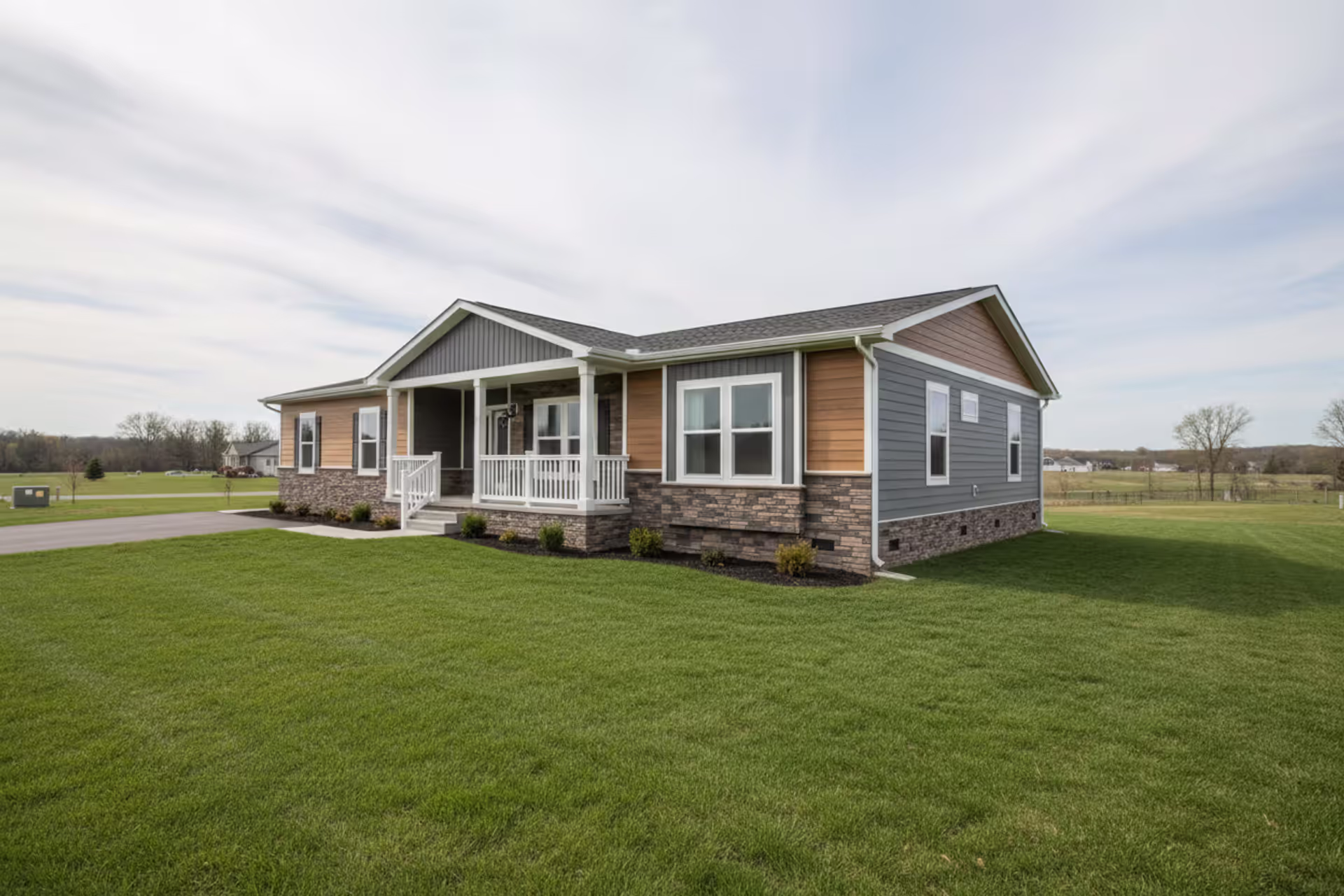 Modern manufactured home on owned land with permanent residential appearance