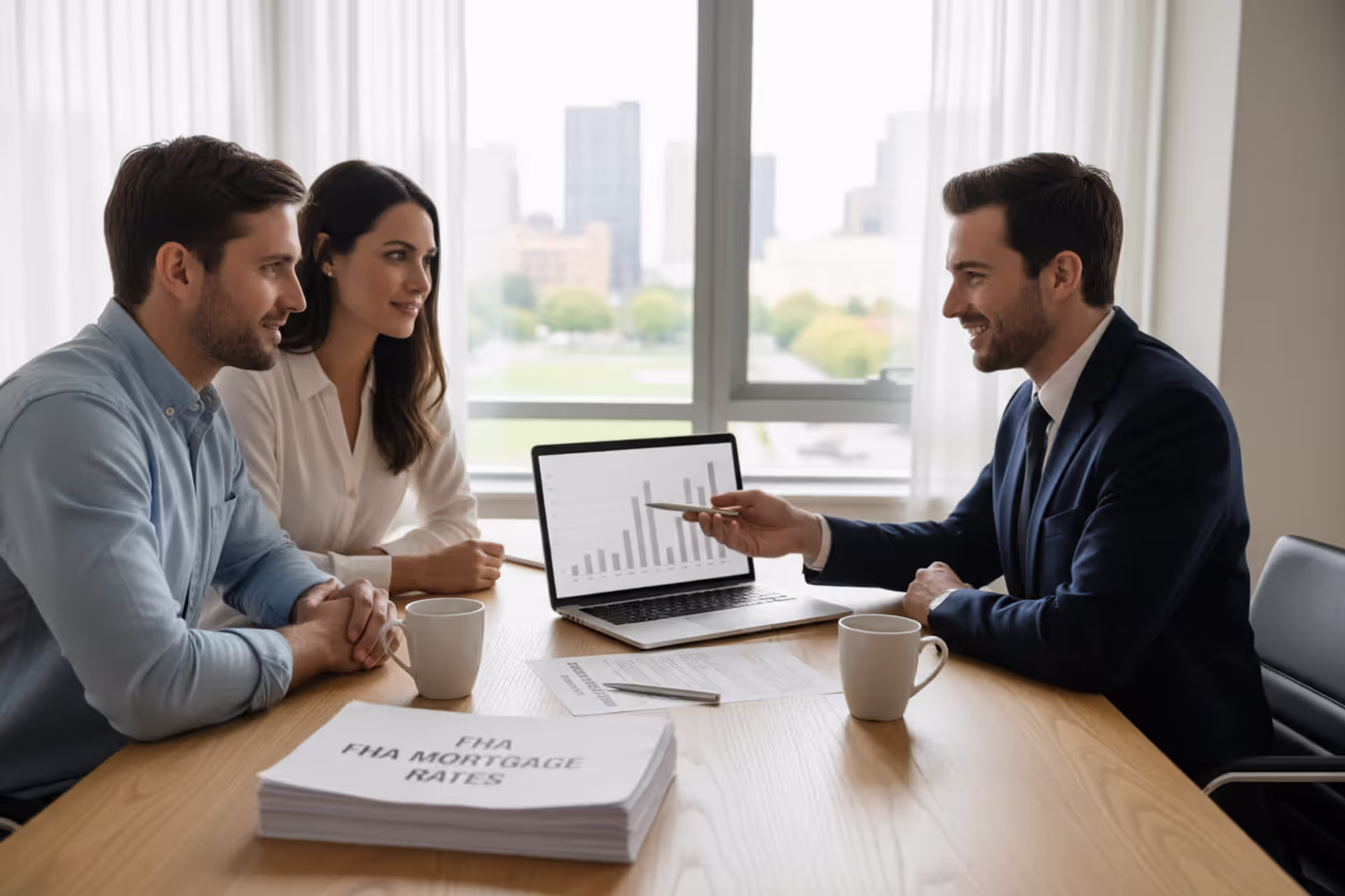 Homebuyer meeting with mortgage advisor to discuss FHA loan rates
